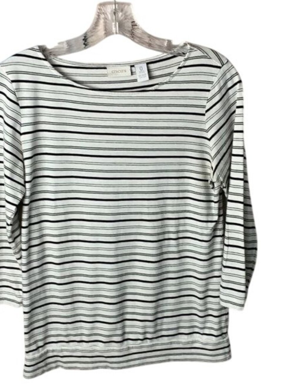 Chicos Black & White Striped 3/4 Sleeve Top Size 0 Cotton Modal Blend